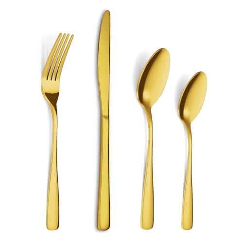 BEWOS 32 Pcs Stainless Steel Cutlery Set for 8 People - Gold Cutlery with Ergonomic Handle Gold Knife and Fork Sets Ideal for Family Dining Camping Mirror Polished & Dishwasher Safe