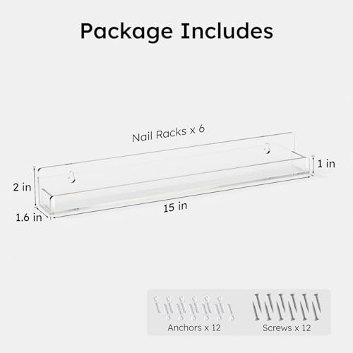 FEMELI Nail Polish Wall Rack: 6 Shelves 15 Inch Clear Acrylic Nail Polish Organizer for 66-90 Bottles Multi-Purpose Acrylic Floating Shelves (15 Inch, Clear) | 66-90 Bottles, Multi-Purpose