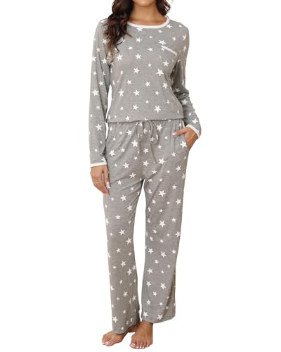 La mejor selección de Pijamas de Dama los 5 mejores. 42 Tefola Pijamas Mujer Algodon Manga Larga y Pantalones, Conjunto de Pijama de Dos Piezas con Bolsillos, Pijama con Estampado, Suave Ropa de Dormir(Gris_Grande)