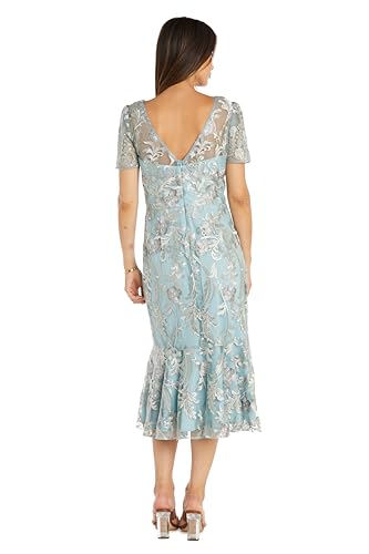 Image of Elegant Embroidered Mesh Midi-Length Dress W /Flounce Hem & Short Sleeves