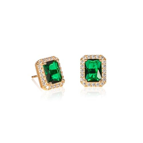 Image of Diamond Treats Gold Plated 925 Sterling Silver Emerald Cut Stud Earrings for Women with Green Stones, Large Emerald Green Earrings, Large Rectangle Gold Earrings for Women