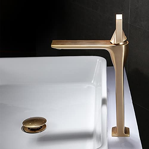 VOTON Gebürsteter Goldener Badezimmer-Wasserhahn - 1-Loch, Einhebel-Waschbeckenarmatur Inkl. Deckplatte & Schläuche