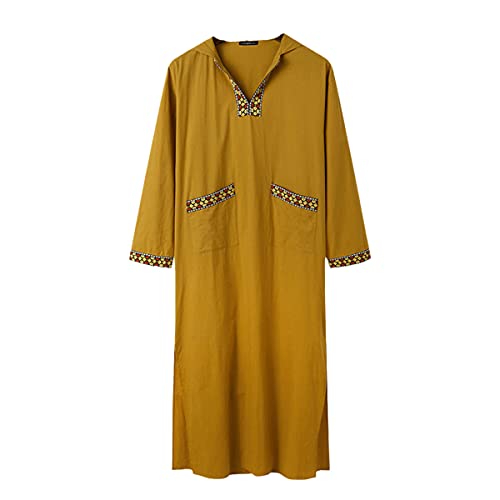 Abaya homme ample contre la chaleur caftan jaune à capuche patchwork vêtement islamique L