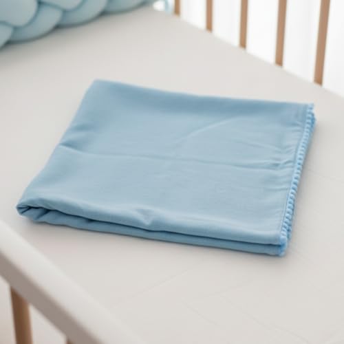 Manta de Bebê Premium, Malha 100% Algodão, Acabamento em Pompom, 70x80cm, Múltiplas Cores, Macia e Hipoalergênica para Berço e Carrinho (Azul Bebê)