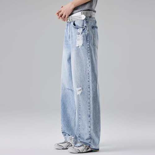 Men's Retro Style Wide Leg Jeans, Light Blue Denim, High Waist, Distressed, American Fashion, Casual Street Wear (US, Alpha, X-Large, Regular, Regular)3