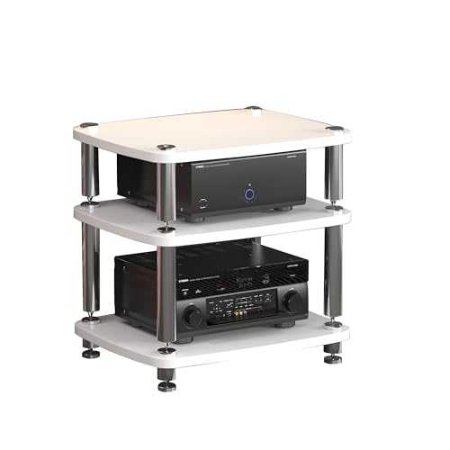 1/2/3/4 Tier AV Media Shelf Record Player Corner TV Stand Audio Rack Stereo Cabinet Split Shock Absorber Design for Entertainment Center Living Room Game Room Music Studio(White,60*48*57cm)