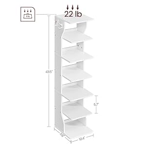 VASAGLE 7-Tier Vertical Shoe Rack, Narrow Shoe Storage Organizer with Hooks, Slim Corner Shoe Tower Rack, Space Saving for Entryway and Bedroom, White ULBS200T14 VASAGLE 7 Tier Vertical Shoe Rack Narrow Shoe Storage Organizer with Hooks Slim Corner Shoe Tower Rack Space Saving for Entryway and Bedroom White ULBS200T14