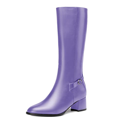 WAYDERNS Women's Round Toe Ankle Strap Matte Zip Chunky Low Heel Knee High Boots 2 Inch