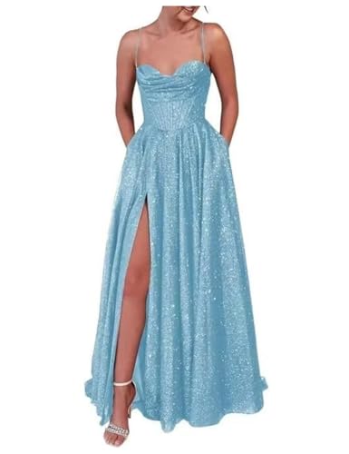 Spaghetti Straps Prom Dress with Slit Glitter Long Wedding Guest Dress A Line Cocktail Dress PM271