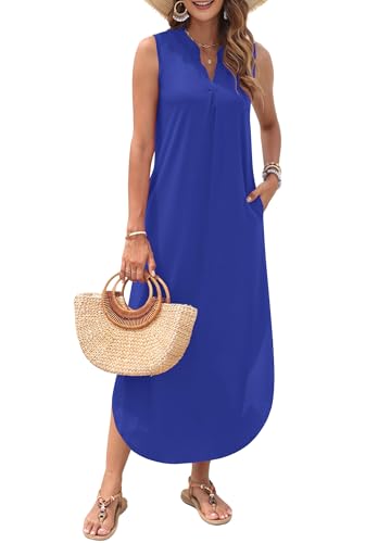 Image of AUSELILY Womens Summer Casual Maxi Dresses 2026 Sleeveless Long Beach Dresses V Neck Loose Sundresses with Side Split Pockets