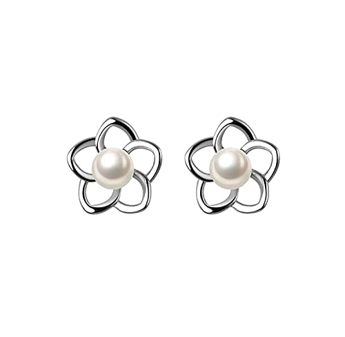 Reffeer 925 Sterling Silver Small Pearl Flower Earrings Studs for Women Teens Unique Petite Flower Studs Earrings