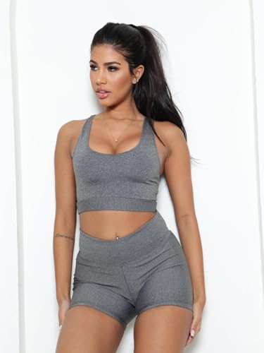 ‍ Conjunto Fitness Feminino - Top + Short Curto | Suplex Liso (Cinza/Cinza, G)