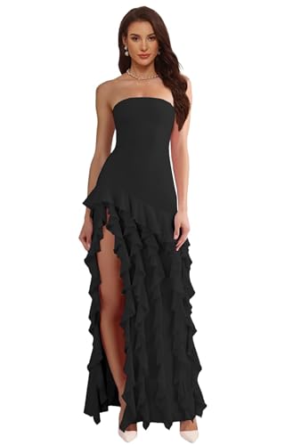 Générique Robe de Bal Bustier asymétrique à Volants pour Femme, Longue Robe de soirée Moulante plissée avec Fente (Noir,M)
