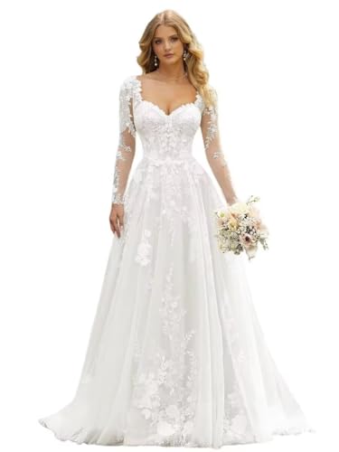 MeiLiqe Beach Boho Lace Appliques Wedding Dresses for Bride 2026 Boho Long Sleeve A Line Bridal Dresses Beach V Neck Wedding Gown for Bride 8 D-White
