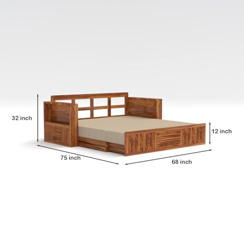 Image of Kunjal Furniture Solid Sheesham Wood Sofa Cum Bed with Storage for Living Room | Natural Finish | 3-Seater Convertible Sofa Bed | Handmade Wooden Furniture (Natural, Europian)
