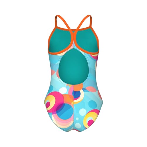 Image of ARENA Feel Girls' Junior Leisure Light Drop Back Swimsuit Thin Straps UV Protection Chlorine Resistant Quick Drying Comfortable One Piece Bathing Suit, Blue Multi /Team Orange, US Size 8-10 Jr /26