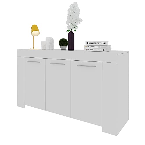 Bricozone Nairobi Aparador de 3 Puertas, aparador de salón, Cocina, aparador con 5 Compartimentos multiespacio, Mueble aparador de Madera, 144 x 80 x 42 cm, Blanco