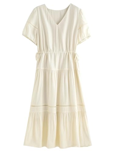 Women Breathable Linen Dress for Hourglass Figure French Tiered Hem Curve Flattering Beige