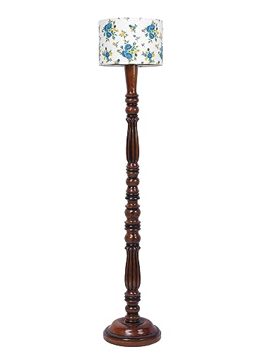 Image of Cotton Shade Floor Lamp with Wooden Base - Height 56 Inches, Blue Floral | Modern Standing Lamp for Living Room, Bedroom, Office | Stylish & Decorative Home Lighting | Elegant Decor