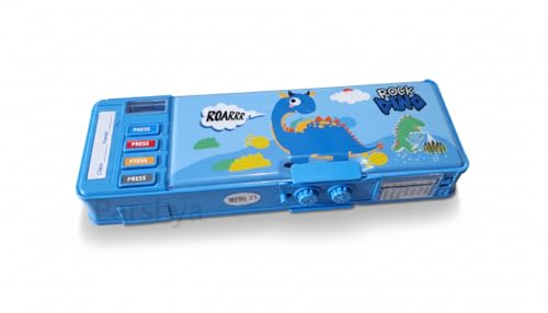 Image of KiddieWorld Kids Dinosaur Pencil Box with Multi-Function Pop-Out Buttons | Dual Storage, Built-in Sharpener, Writing Pad, Password Lock | Premium ABS Plastic Pencil Case for Boys & Girls