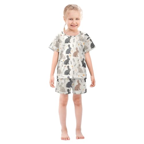 ALAZA Rabbit Bunny Cute Leaves Pajamas Set Short Sleeve Cotton Sleepwear Summer Pjs 2 Piece 5-14Y3