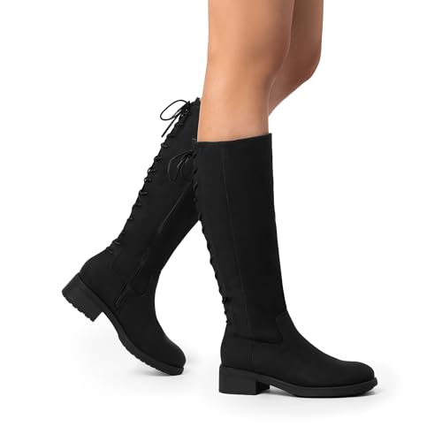 DREAM PAIRS Women's Lace Up Back Knee High Fashion Boots Low Block Heel Riding Boots Round Toe Side Zipper Fall Boots 6
