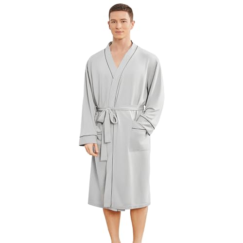 Image of Mens Lightweight Robe, Knit Kimono Bathrobe Spa Sleepwear Soft Knee Length Robe With Pockets
