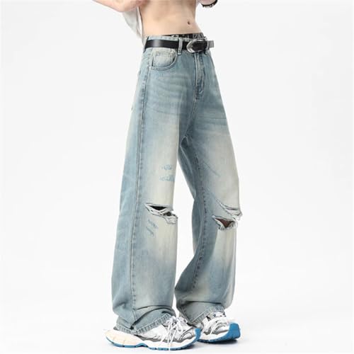 Men's Worn-Out Jeans Hole Design Loose Denim Pants Straight Menwear4