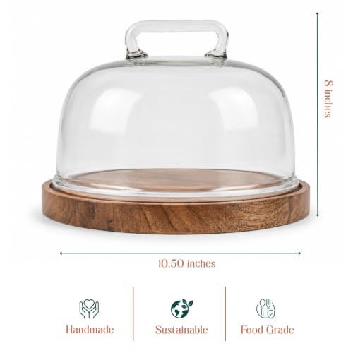 Image of Sweet Vault Acacia Wood Cake Stand with Glass Dome | Multipurpose Serving Cake Plate | Dessert Cupcake Pastry Display Stand | Round Cake Cutting Holder