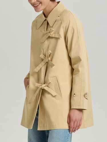 HOULENGS Women's Long Sleeve Bow Toggle Trench Coat Casual Button Down Lapel Jacket Fall Fashion Outerwear with Pocket3