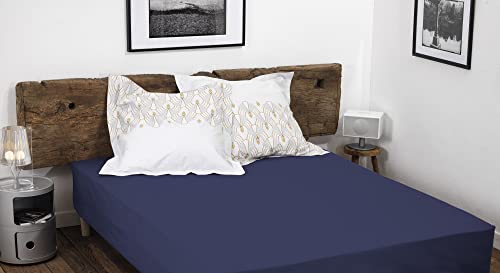 HOME LINGE PASSION, Dark Blue Fitted Sheet 180 x 200 + 35 cm 100% Cotton 57 Thread Count (Label Oeko-TEX Label)