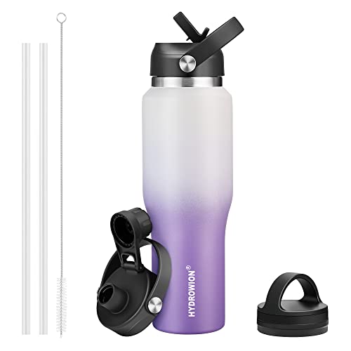 Image of HYDROWION Stainless Steel Water Bottle, 32oz Tumbler Water Flask W /Straw Lid, Spout Lid and Flex Cap, Insulated Water Bottle (Cold for 48 Hrs,Hot for 24 Hrs) Fit in Any Car Cupholder,White&Purple