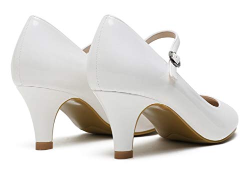 CAMSSOO Women's Mary Jane Kitten Heel Pumps Round Closed Toe Mid Low Heels Office Work Shoes White Patent PU Leather… - Image 3