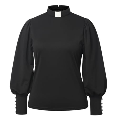 Womens Church Clergy Shirt Tab Collar Long Puff Sleeve with Cufflinks Blouse Top
