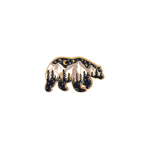 Image of Cartoon Big Brown Bear Enamel Lapel Pin With Snow Mountain Night Scene Pattern Badge Collar Brooch