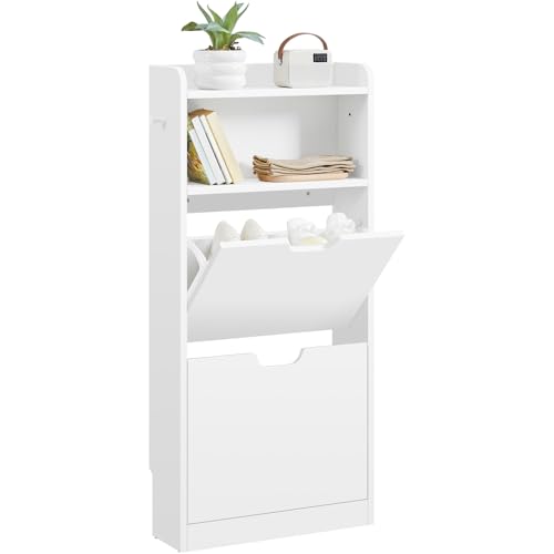 Yaheetech Armoire à Chaussures avec 2 Tiroirs à Bascule, Porte-Chaussures à Compartiment Ouvert, Bord Surélevé, Crochet, Meuble à Chaussures Suspendues...