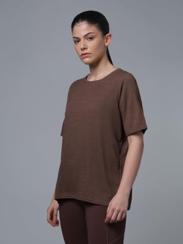 Image of TECHNOSPORT Women Relaxed Fit Cubic Melange Round Neck T-Shirt | Quick Dry Polyester Casual Tee with UPF 50+ UV Protection, Anti-Microbial & Double Cool Technology