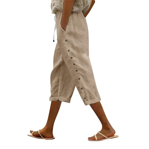 Linen Pants Women Petite Linen Pants Women High Waisted Elastic Drawstring Beach Pants Casual Loose Lightweight Wide Leg Trousers with Pockets Camel
