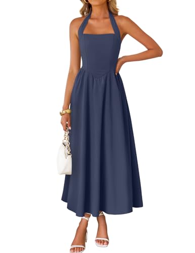 Image of ZESICA Women's Summer Sleeveless Halter Midi Dress 2026 Off Shoulder High Waist Flowy Formal Wedding Guest Long Dresses