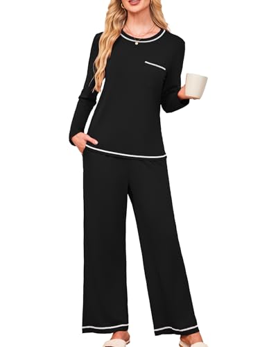 Besshopie Womens Pajamas Sets 2 Piece PJS Crewneck Long Sleeve Sleepwear Comfy Pants Lounge Set with Pockets