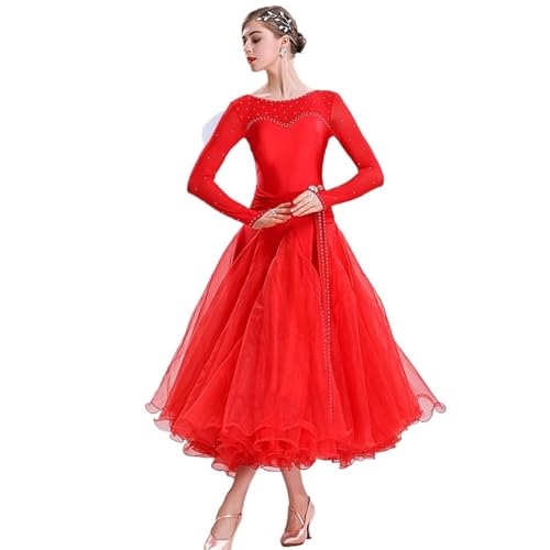 Photo de Robe De Danse De Salon pour Femmes Robe De Danse De Salon élégante Robe De Danse De Salon Standard National Costume De Compétition Moderne Big Swing Femmes Valse Dacing Vêtemen, Red, 3XL