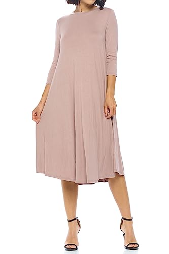 iconic luxe Women's Swing Midi Dress – 3/4 Sleeve Flowy A-Line Tunic – Soft, Stretchy, Comfortable, and Versatile Casual Dress for Everyday Wear Large Taupe