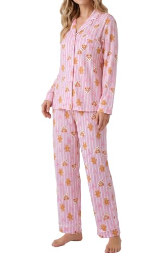 Image of LUBOT Christmas Pajamas for Women 100% Cotton Pajama 2 Piece PJ Set Soft Long Sleeve Button Xmas Print Loungewear XS-XXL