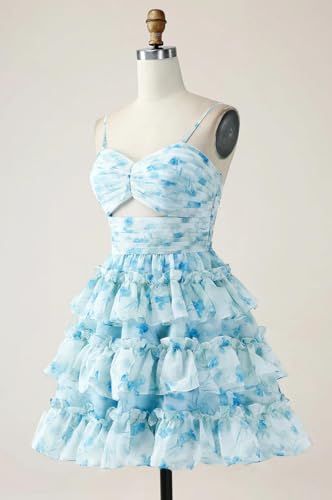 A-Line Spaghetti Straps Tiered Blue Floral Mini Dress Homecoming Dress3
