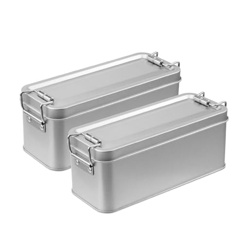 WDONAY 2 Pack Silver Tin Box Containers Metal Storage Box with Lids Rectangular Containers with Buckle Latch for Home Storage Outdoor Usage(5.91