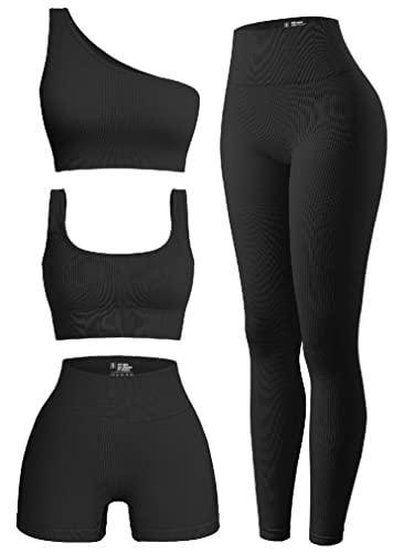 OQQ Women's 4 Piece Ribbed Exercise Scoop Neck Sports One Shoulder High Waist Legging Active Set Shorts Bra Outfit, Black, Small