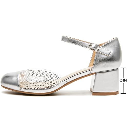 rsxses Closed Toe Low Heels Dress Shoes for Women 2 Inch Chunky Heel Pumps Ankle Strap Patent Leather Rhinestone Wedding Work Party Shoes3