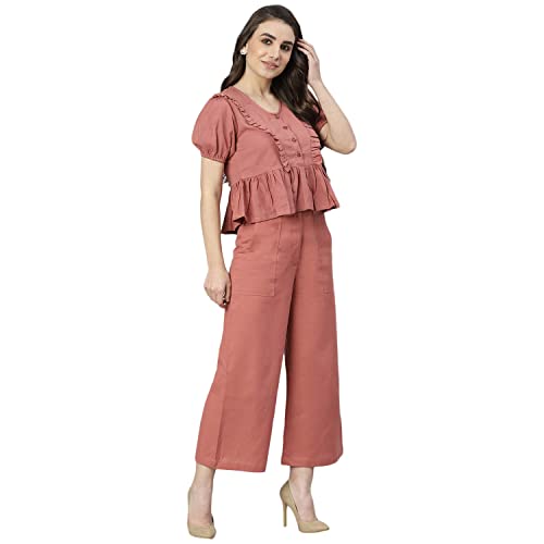 Image of DEEBACO Women's Solid Calf Length Top with Trouser|V-Neck|Short Sleeve|Cord Set for Women Cotton|Jumpsuits Western Dress for Women Stylish|Two Piece Co ord Set|Party Casual Wear(Aqua Blue)