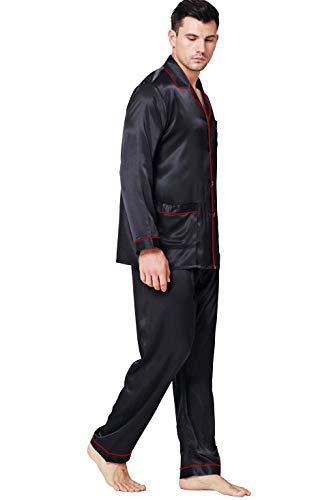 Lonxu Mens Satin Pajamas Set Black with Red Piping L