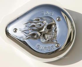 Miniatura 2 de Inserto de filtro de aire de calavera llameante S&S altamente pulido. Se adapta a los filtros de aire S & S Super E y G.